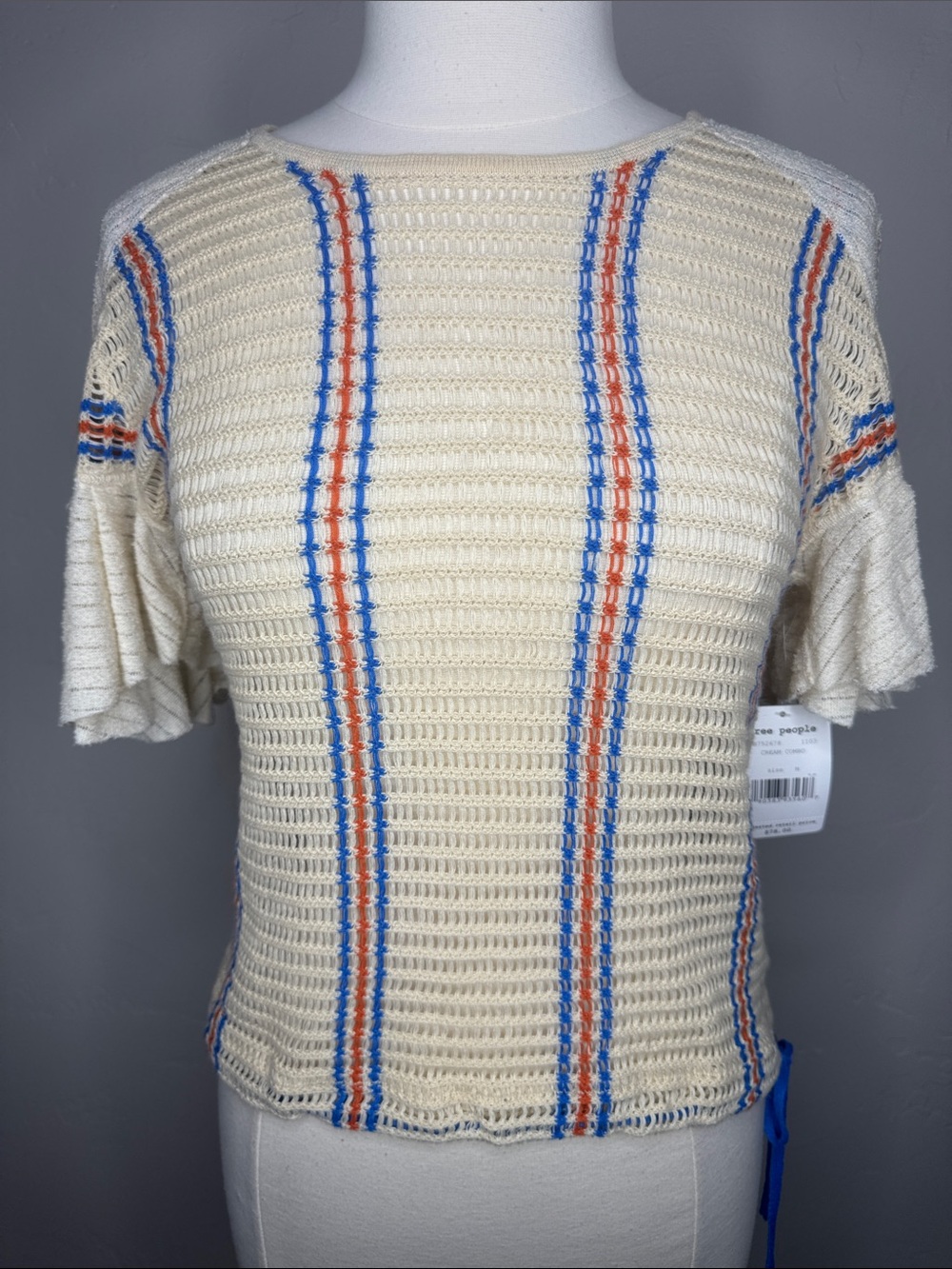 NWT Free People Babes Only Cream Open-Knit Top with Blue & Orange Stripes